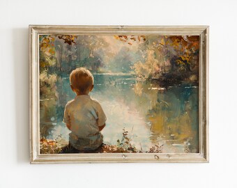 Vintage Wall Art Download | Boy by Pond | Summer Decor Print | Boys Nursery Printable Digital Painting | Antique Instant Downloadable Nature