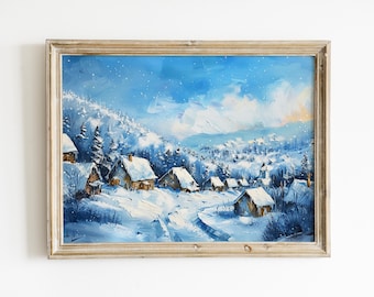 Vintage Winter Village Print Download, Christmas Town Covered in Snow Oil Painting Printable, Antique Wall Art Print, Snowy Landscape