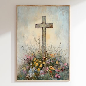 Christian Art Printable, Vintage Cross Painting, Printable Wall Decor, Spring Artwork, Easter Digital Print, Digital Download