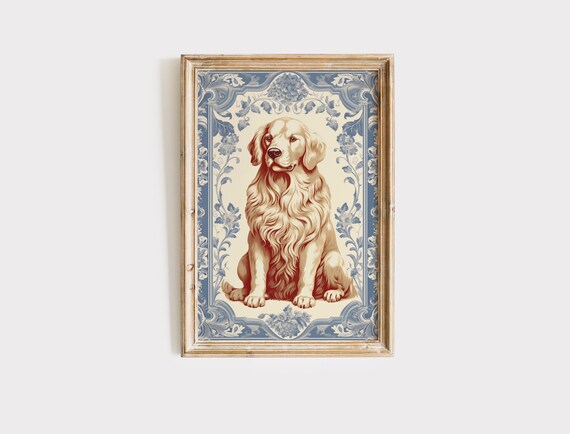 Vintage Golden Retriever Art Download, Grandmillenial Decor, Boys and Girls Nursery Print, Kids Room Printable Wall Art