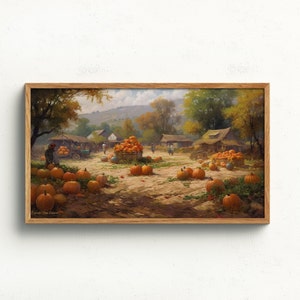 以下が含まれることがあります： 秋に収穫されたカボチャが描かれた、のどかな風景画。絵には、小さな村と、そこを歩く人々、そして前景に積まれたたくさんのカボチャが描かれている。