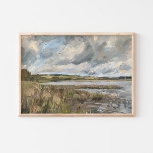 Vintage Landscape Painting Download, Rustic Country Artwork, Digital Print, Farmhouse Wall Decor, Muted Neutral Printable Pond and Field Art