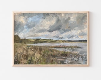 Vintage Landscape Painting Download, Rustic Country Artwork, Digital Print, Farmhouse Wall Decor, Muted Neutral Printable Pond and Field Art