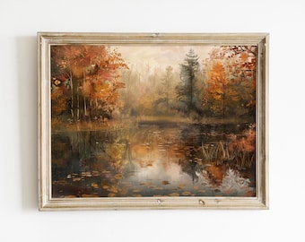 Vintage Fall Landscape Art Download, Autumn Pond Oil Painting, Rustic Farmhouse Printable Wall Decor, Country Art for Fall, Digital Print