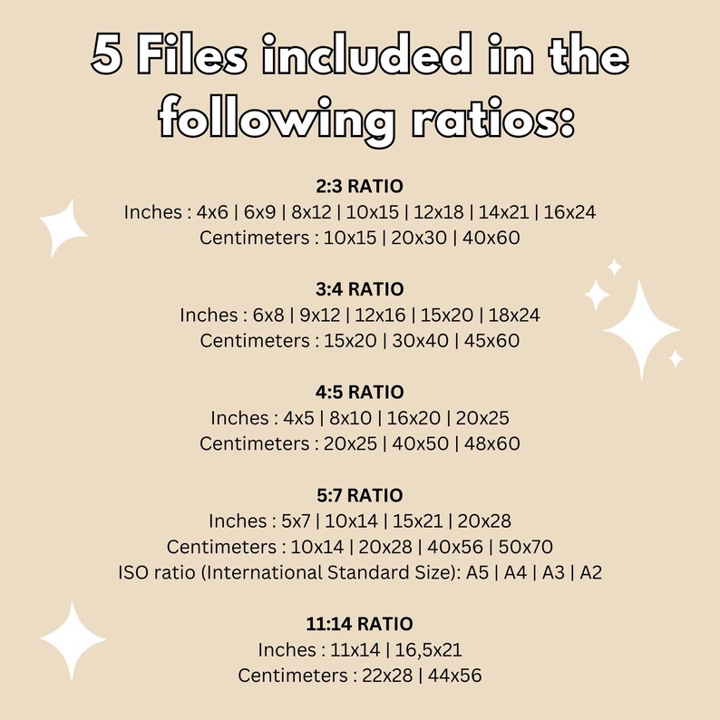 May include: A beige graphic with the text "5 Files included in the following ratios:" followed by print size ratios in inches and centimeters. Ratios include 2:3, 3:4, 4:5, 5:7, and 11:14. Print sizes range from 4x6 inches to 16x24 inches.
