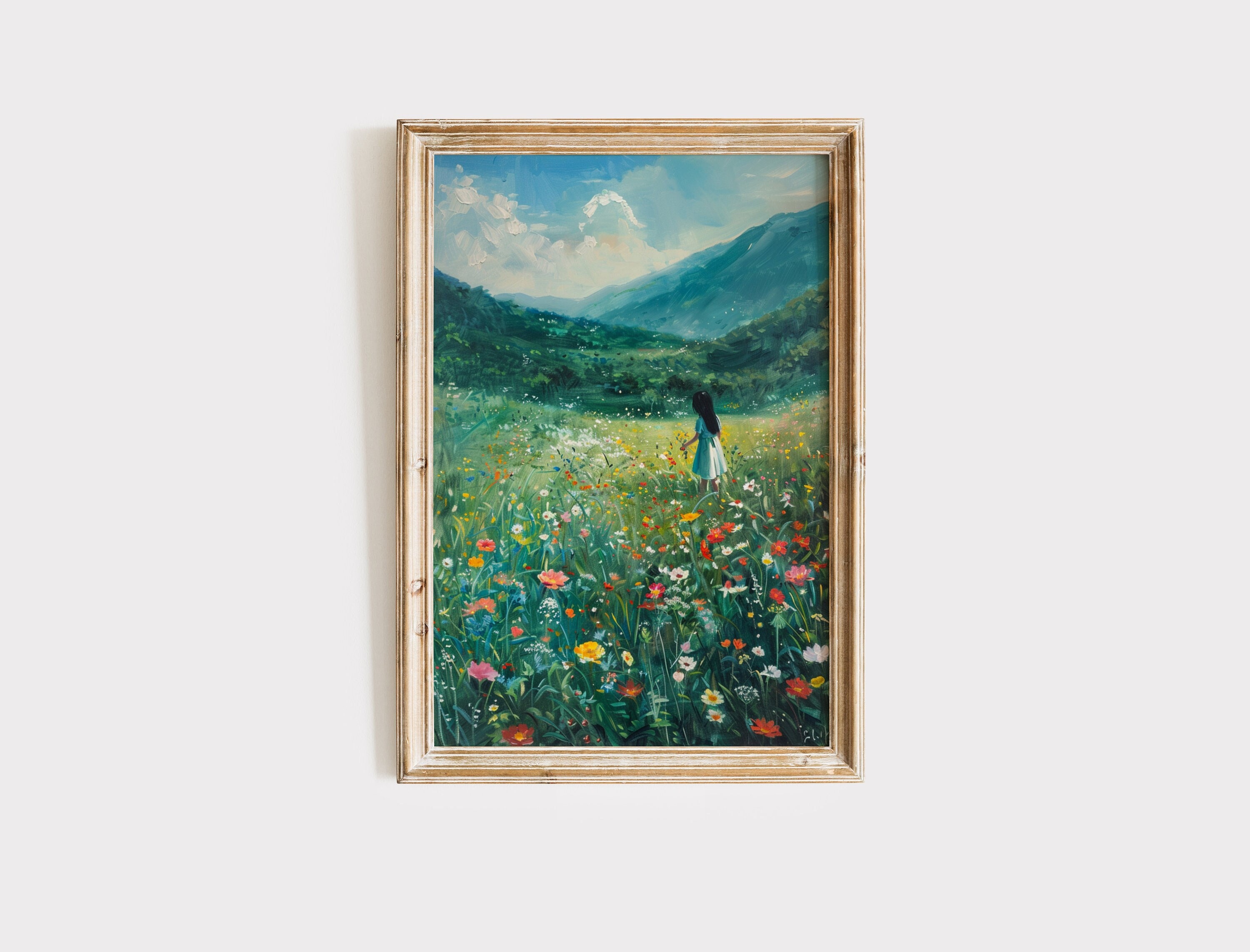 Vintage Girls Room Art Download, Girl in Flower Field Painting, Floral Meadow Artwork, Nursery Printable Wall Decor, Digital Download