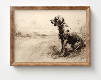 Hunting Dog Sketch Print, Vintage Digital Printable Wall Art Download for Boys Room Nursery, Rustic Farmhouse Artwork Decor, Downloadable