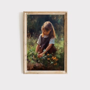 Girl Picking Flowers Nursery Bedroom Art Printable | Vintage Antique Wildflower Digital Download | Nature Farmhouse Little Girl Decor Cute