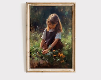 Mädchen Blumen pflücken Kinderzimmer Schlafzimmer Kunst Printable | Vintage Antik Wildblumen Digitaler Download | Natur Bauernhaus Kleines Mädchen Dekor Niedlich