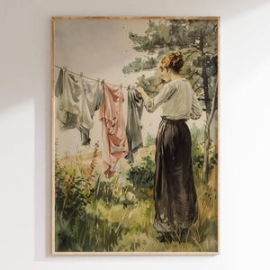 Vintage Laundry Room Art Download, Clothesline Painting, Printable Wall Art, Antique Farmhouse Decor, Digital Print, Woman Hanging Clothes