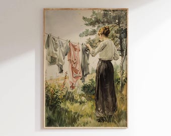 Vintage Laundry Room Art Download, Clothesline Painting, Printable Wall Art, Antique Farmhouse Decor, Digital Print, Woman Hanging Clothes