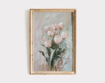 Vintage White Tulips Painting Download, Neutral Spring Decor Digital Print, Printable Wall Art, Pastel Floral Artwork, Flowers Prints