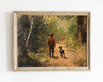 Vintage jongenskamerkunst, jongen en hond in het bos schilderij downloaden, natuur afdrukbare kunst aan de muur kunstig decor, digitale print, kinderkamerkunstwerk