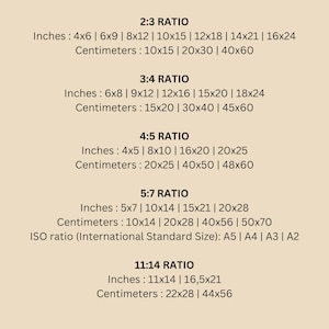 Puede incluir: Un gr&aacute;fico que muestra las proporciones de aspecto comunes para las im&aacute;genes y sus medidas correspondientes en pulgadas y cent&iacute;metros. Las proporciones incluyen 2:3, 3:4, 4:5, 5:7 y 11:14. El gr&aacute;fico tambi&eacute;n incluye los tama&ntilde;os est&aacute;ndar ISO para papel, que son A5, A4, A3 y A2.