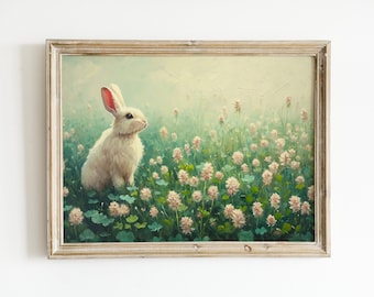 Vintage Rabbit Painting Printable, Bunny Digital Print, Easter Spring Springtime Boys Girls Nursery Art, Antique Farmhouse Decor Artwork