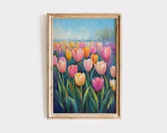 Spring Wall Art Download, Tulip Field Painting, Digital Print, Printable Wall Decor, Pastel Artwork, Floral Prints, Easter Decor
