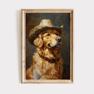 May include: A framed portrait of a Golden Retriever wearing a cowboy hat and a brown leather collar. The dog has a light brown coat and is set against a dark background. The artwork is a vintage-style painting.