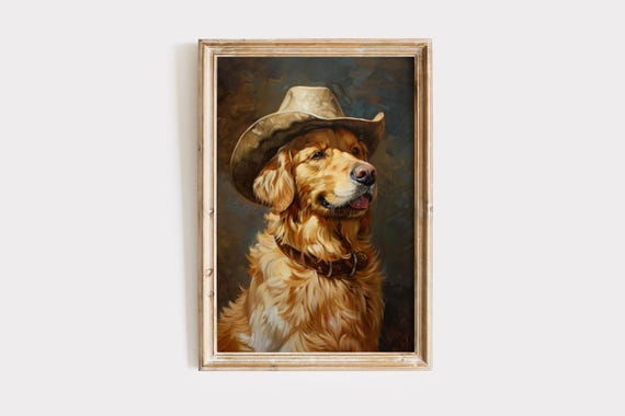 Golden Retriever Wall Art Download, Printable Decor, Digital Print, Printable Artwork, Cowboy Hat Dog, Dog Lover Gift, Pet Owner Gift