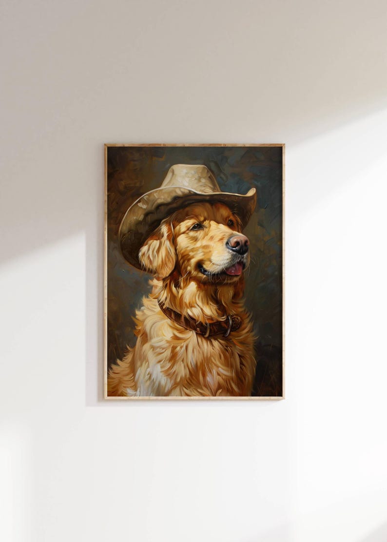 May include: A framed portrait of a Golden Retriever wearing a cowboy hat and a brown collar. The dog has light brown fur and is looking to the right. The background is a dark, textured blend of brown and blue.