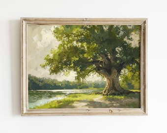 Download di dipinti di paesaggi vintage, stampa digitale di uno stagno di querce, arte murale stampabile, arredamento rustico da fattoria, colori neutri tenui