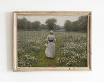 Woman in a Spring Field Vintage Painting Download | White Wildflower Meadow | Printable Wall Art | Digital Print | Antique Rustic Art Décor