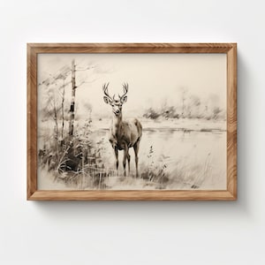 May include: A framed black and white drawing of a deer standing in a forest by a lake. The deer is looking directly at the viewer. The drawing is done in a realistic style.
