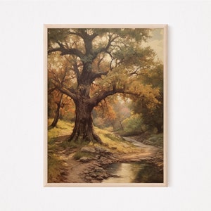 May include: A painting of a large, gnarled tree with golden leaves in a forest setting. A small stream flows through the scene, with rocks and foliage surrounding it.