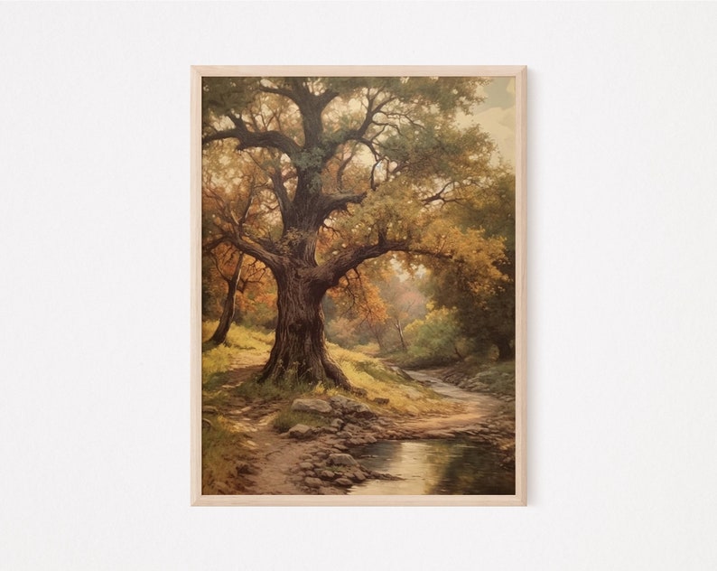 May include: A painting of a large, gnarled tree with golden leaves in a forest setting. A small stream flows through the scene, with rocks and foliage surrounding it.