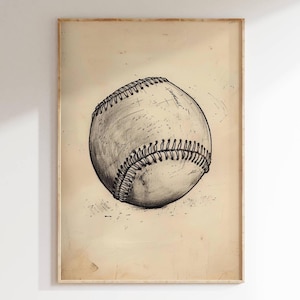 Puede incluir: Una ilustración en blanco y negro de una pelota de béisbol sobre un fondo de aspecto vintage.