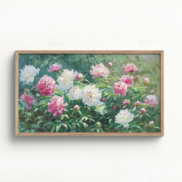 Samsung Frame Tv Art, Vintage Peonies Painting, Pink and White Floral Art, Spring Flowers Wall Decor, Digital Donwload