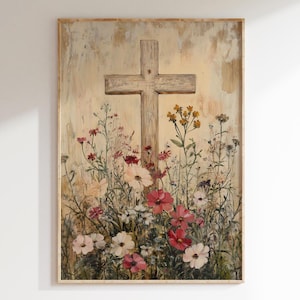 Christian Art Printable, Vintage Cross Painting, Printable Wall Decor, Spring Artwork, Easter Digital Print, Digital Download