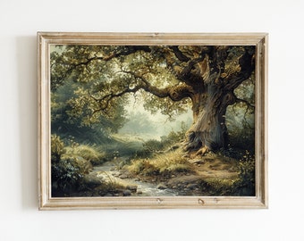 Vintage Landscape Oil Painting Download, Oak Tree by Stream Digital Print, Muted Neutral Colors Wall Art, Rustic Antique Printable Decor