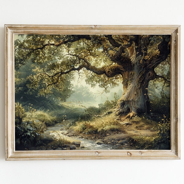 Vintage Landscape Oil Painting Download, Oak Tree by Stream Digital Print, Muted Neutral Colors Wall Art, Rustic Antique Printable Decor