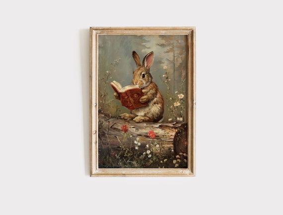 Vintage Easter Art Download, Rabbit Reading Book Painting, Whimsical Bunny Wall Art, Digital Print, Spring Decor
