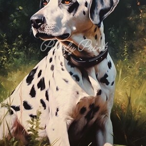 May include: A painting of a Dalmatian dog with black spots on a white coat, wearing a black collar. The dog is sitting in tall green grass with a blurred background of green foliage. The artwork has a painterly style.