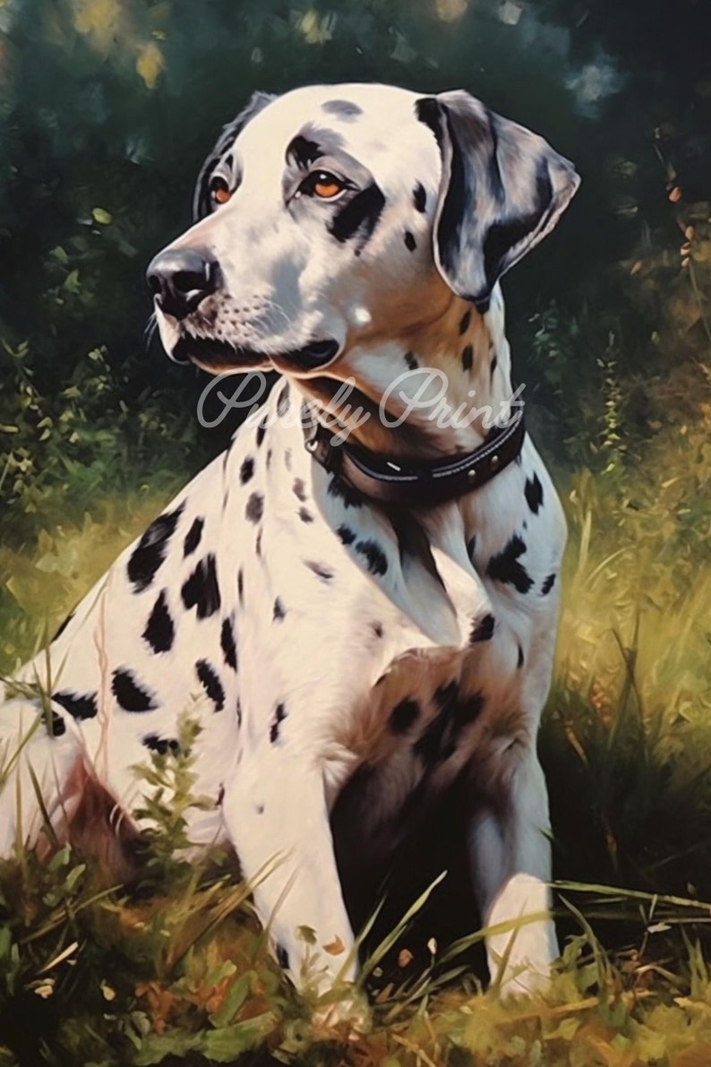May include: A painting of a Dalmatian dog with black spots on a white coat, wearing a black collar. The dog is sitting in tall green grass with a blurred background of green foliage. The artwork has a painterly style.
