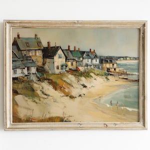 Vintage Beach House Painting Download | Coastal Landscape Digital Print | Ocean Printable Wall art | Summer Vacation Decor