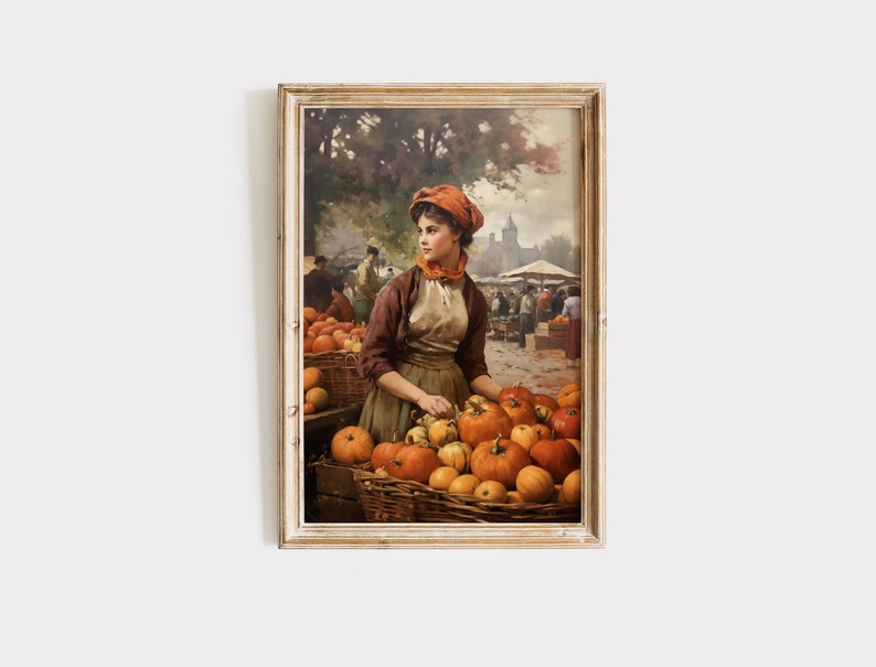 May include: A painting of a woman in a brown dress and red hat selling pumpkins at a market.