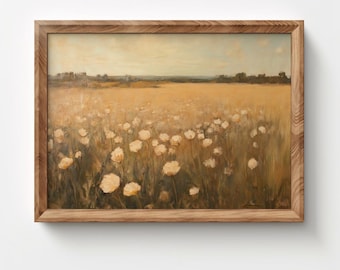 Neutral Wildflower Artwork Download, Vintage Floral Painting, Printable Wall Art, Spring Decor, Farmhouse Rustic Print, Living Room Art