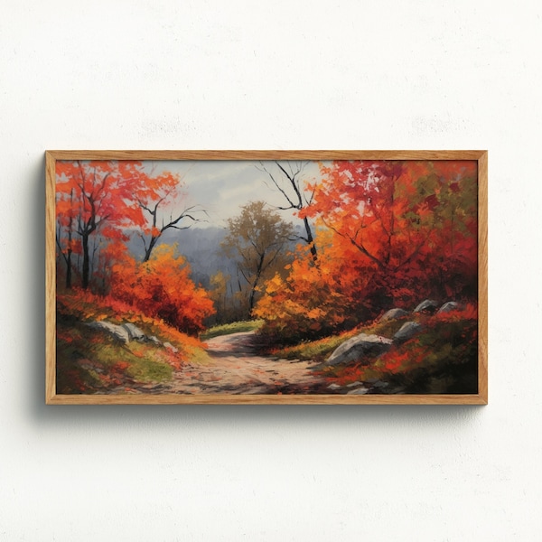 Fall Landscape Tv Art Download, Samsung Frame, Autumn Trees Oil Painting Tree Leaves Nature Antique Rustic Farmhouse Decor Digital Download