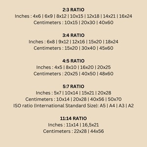 May include: A chart showing common aspect ratios for images and their corresponding measurements in inches and centimetres. The ratios include 2:3, 3:4, 4:5, 5:7, and 11:14. The chart also includes the ISO standard sizes for paper, which are A5, A4, A3, and A2.