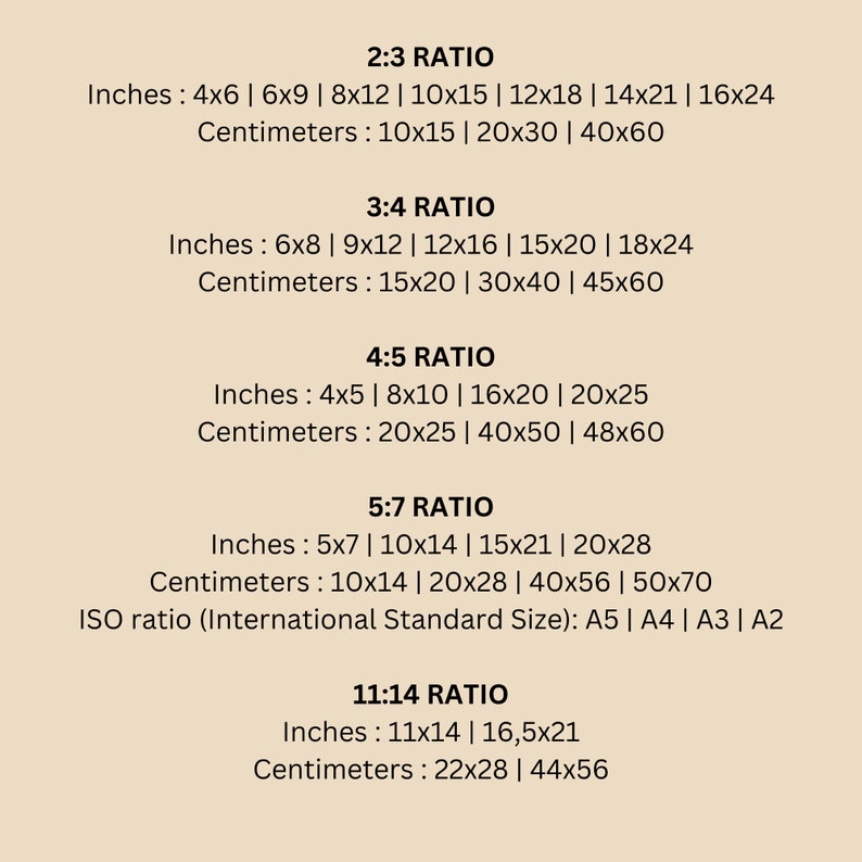 May include: A chart showing common aspect ratios for images and their corresponding measurements in inches and centimetres. The ratios include 2:3, 3:4, 4:5, 5:7, and 11:14. The chart also includes the ISO standard sizes for paper, which are A5, A4, A3, and A2.
