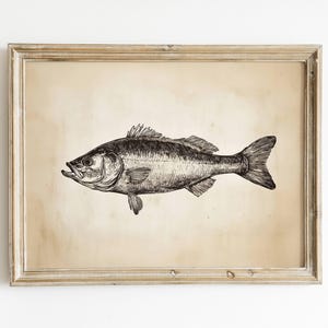 Vintage Bass Sketch Download, Fishing Wall Art, Fish Decor, Lakehouse Print, Boys Room Digital Printable, Hunting Nursery, Rustic Artwork