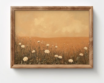 Neutral Wildflower Artwork Download, Vintage Floral Painting, Printable Wall Art, Spring Decor, Farmhouse Rustic Print, Living Room Art