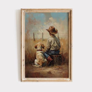 Westerse jongenskamer kunst downloaden, cowboy- en hondolieverfschilderij, digitale print, afdrukbare muurkunst, vintage rustiek muurdecor, kinderkamerkunstwerk