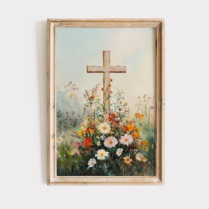 Christian Art Printable, Vintage Cross Painting, Printable Wall Decor, Spring Artwork, Easter Digital Print, Digital Download