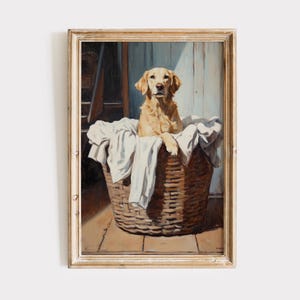 Tvättstuga med golden retriever, väggkonst för hundälskare, utskrivbar tvättstuga, digitaltryck, vintage oljemålning, present till hundälskare