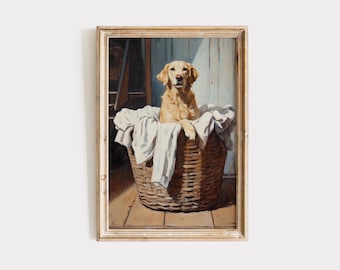 Golden Retriever Laundry Room Art, Dog Lover Wall Art, Laundry Room Printable Decor, Digital Print, Vintage Oil Painting, Dog Lover Gift