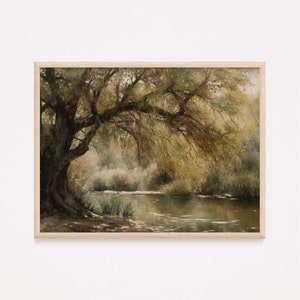 May include: A painting of a large tree with branches reaching over a still pond. The water is a muted green and the leaves of the tree are a mix of green and yellow.