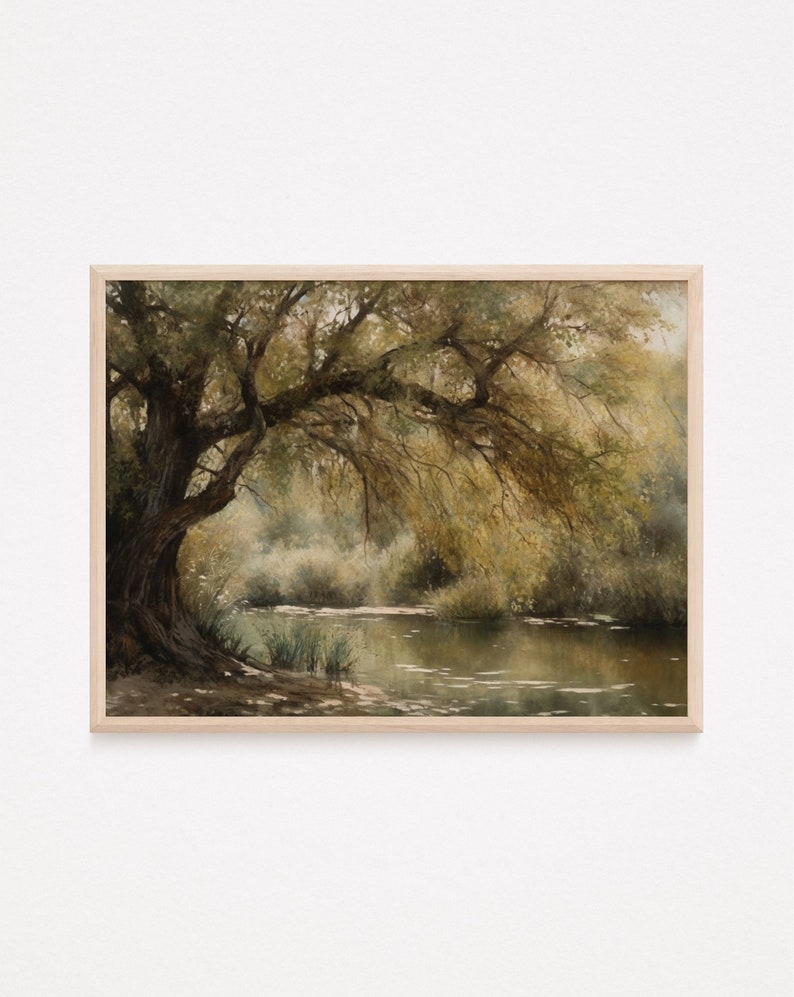 May include: A painting of a large tree with branches reaching over a still pond. The water is a muted green and the leaves of the tree are a mix of green and yellow.